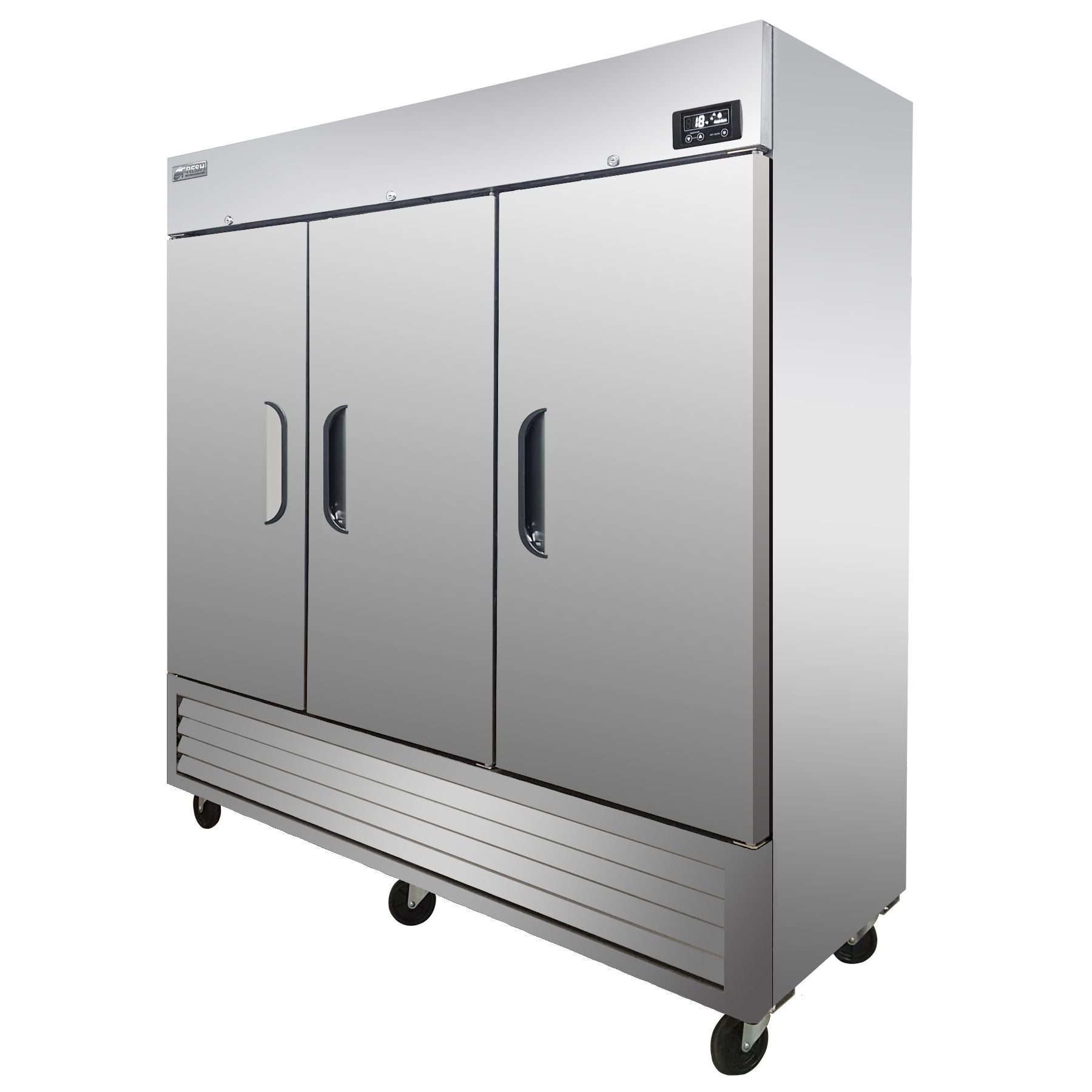 Three-door stainless steel upright refrigerator with bottom mount compressor and digital control panel.
