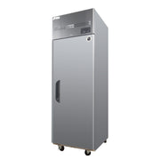 Tall stainless steel upright freezer with single solid door and digital control panel on top.