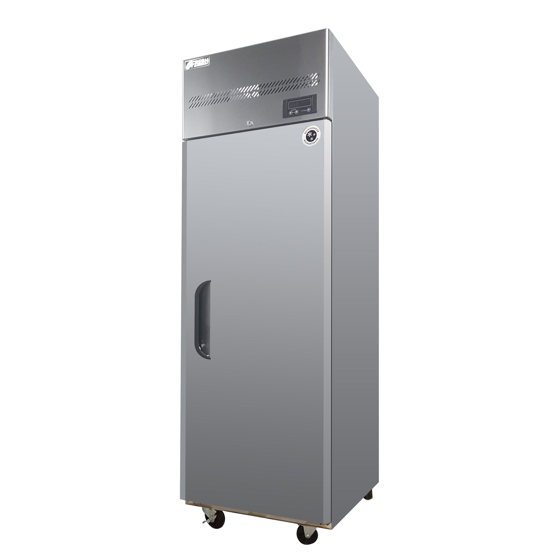 Tall stainless steel upright freezer with single solid door and digital control panel on top.