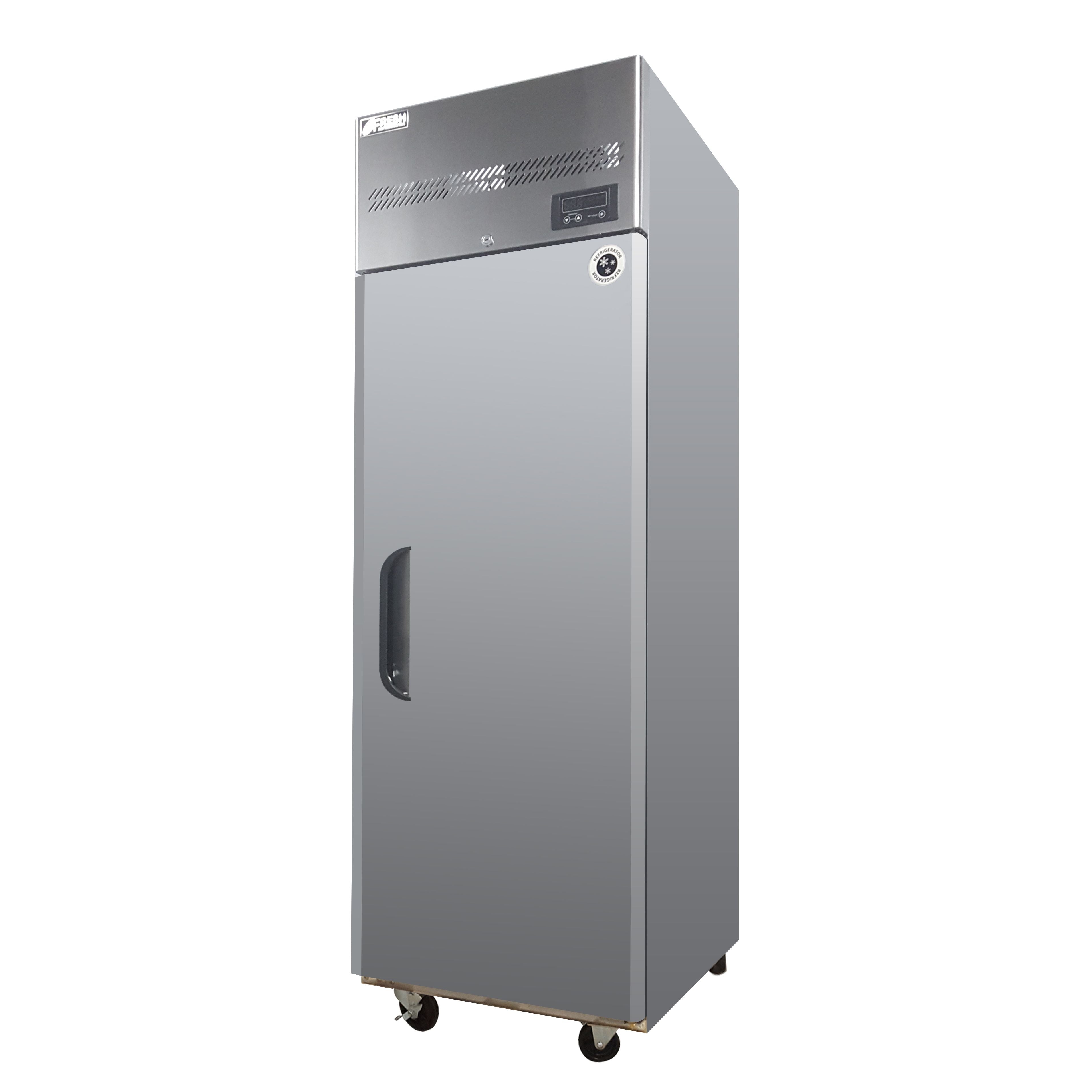 Tall stainless steel upright freezer with single solid door and digital control panel on top.