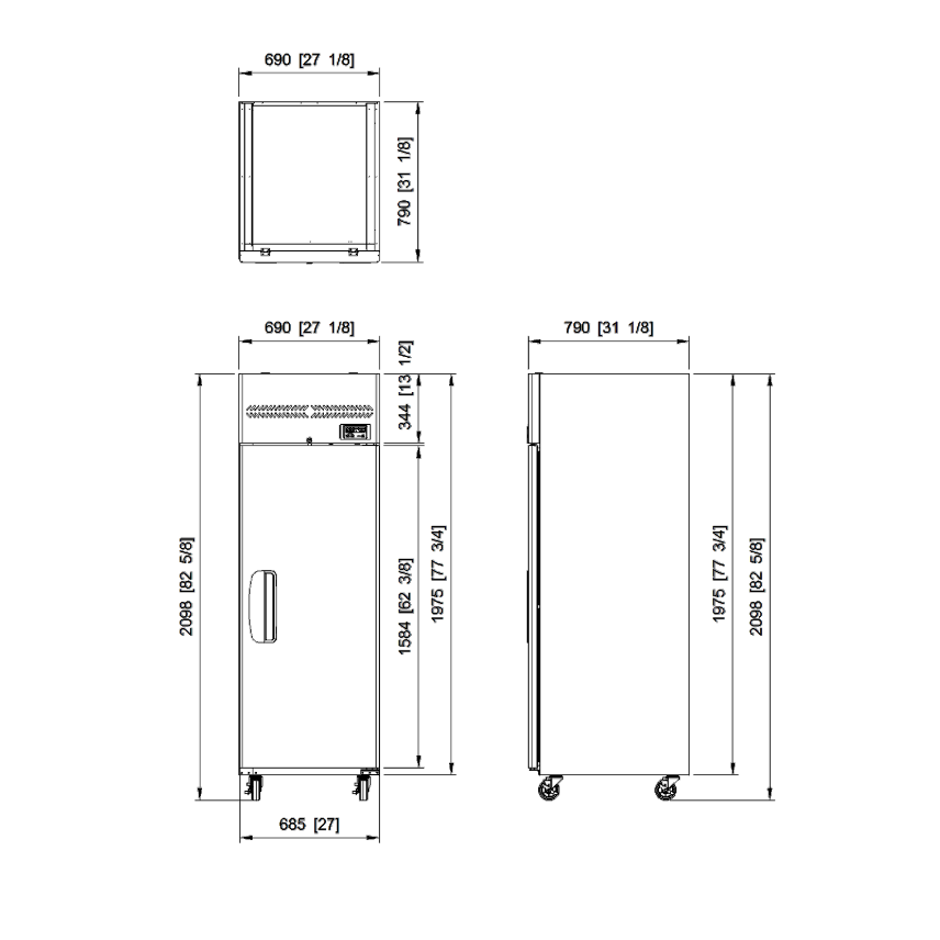 Upright freezer with top-mounted compressor, single solid door, and lock, on caster wheels with detailed dimensions.