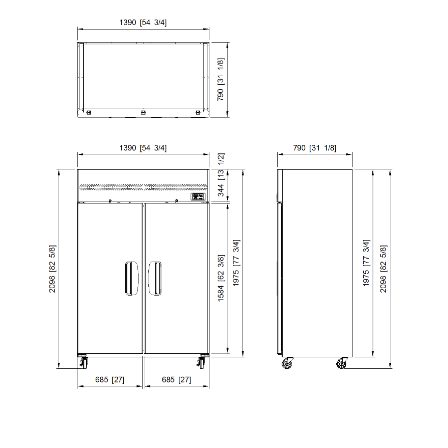 Fresh Refrigeration FTM-49FS upright freezer with two solid stainless steel doors and top-mounted compressor, 1236L capacity.