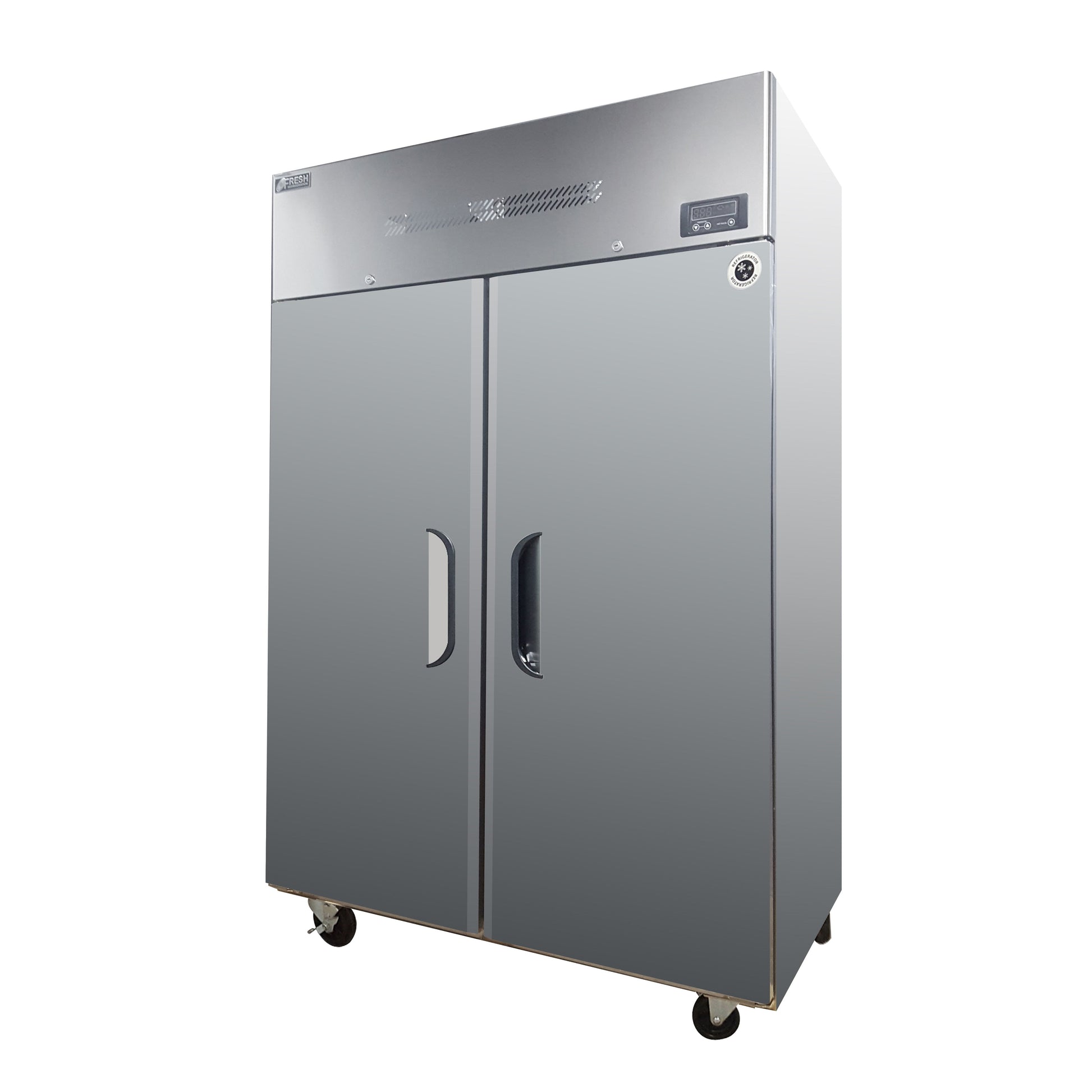 Double-door stainless steel upright freezer with digital control panel and caster wheels.