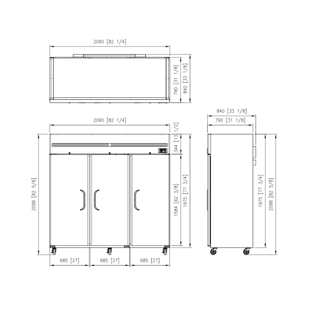 Stainless steel three-door upright freezer with top-mounted compressor and recessed handles.