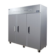 Stainless steel three-door upright freezer with top-mounted control panel and caster wheels.