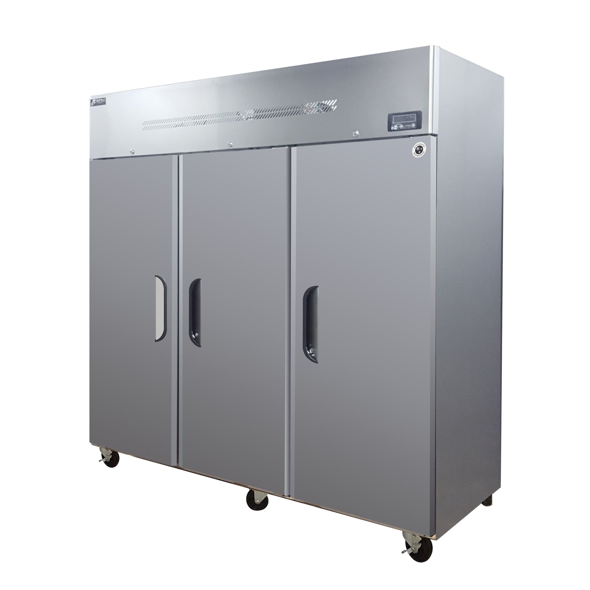 Stainless steel three-door upright freezer with top-mounted control panel and caster wheels.