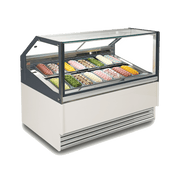 White and gray 16-tub ice cream scooping freezer with angled glass display and painted steel frame.