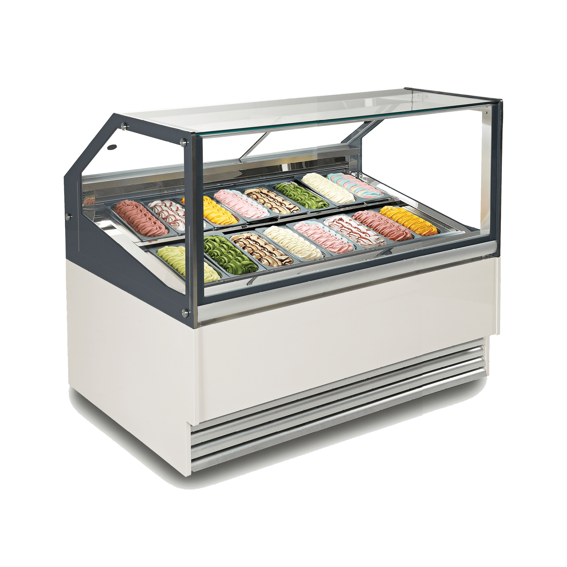 White and gray 16-tub ice cream scooping freezer with angled glass display and painted steel frame.
