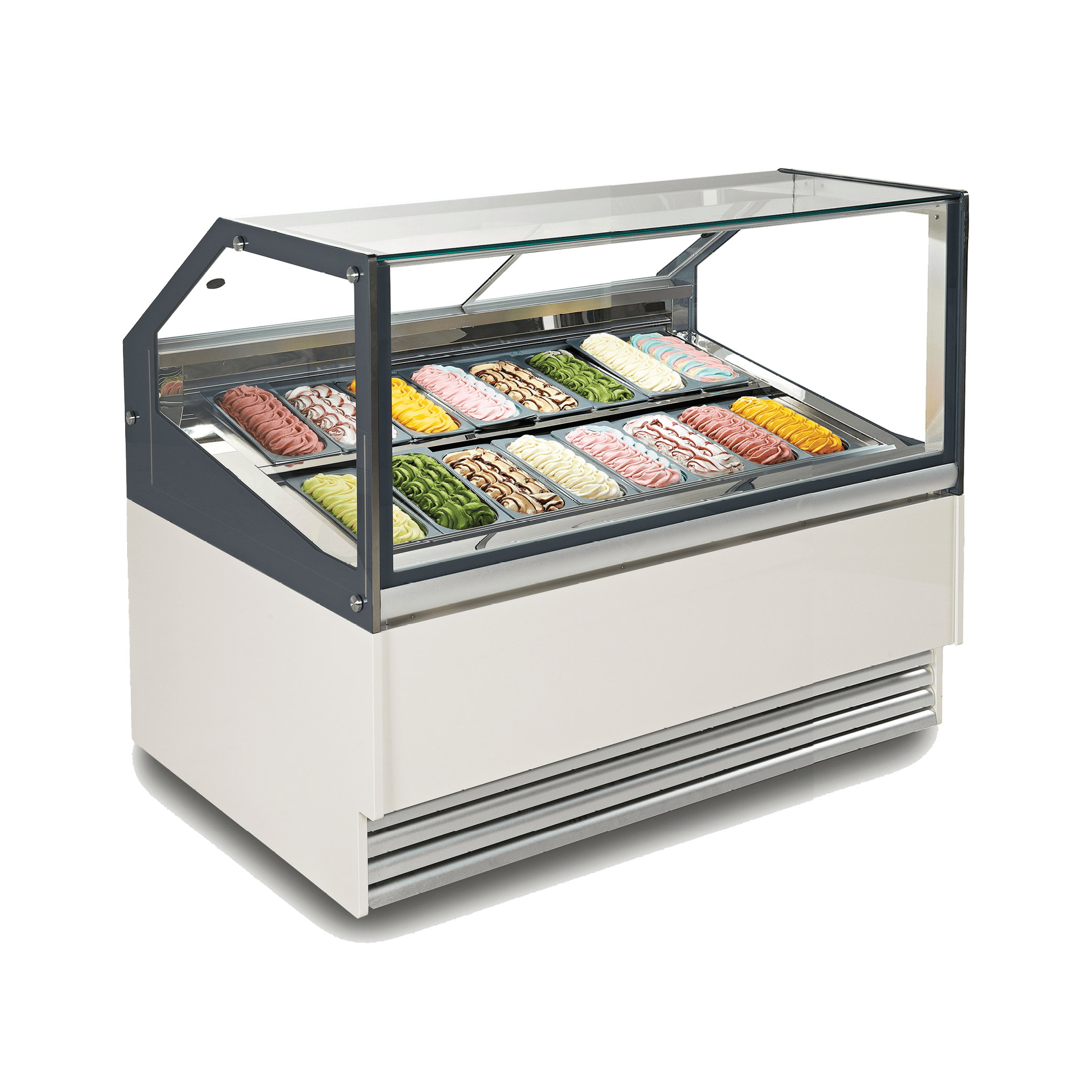 White and gray 16-tub ice cream scooping freezer with angled glass display and painted steel frame.