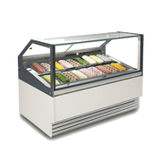 White and gray ice cream display freezer with 18 tubs, glass top, and angled front panel.