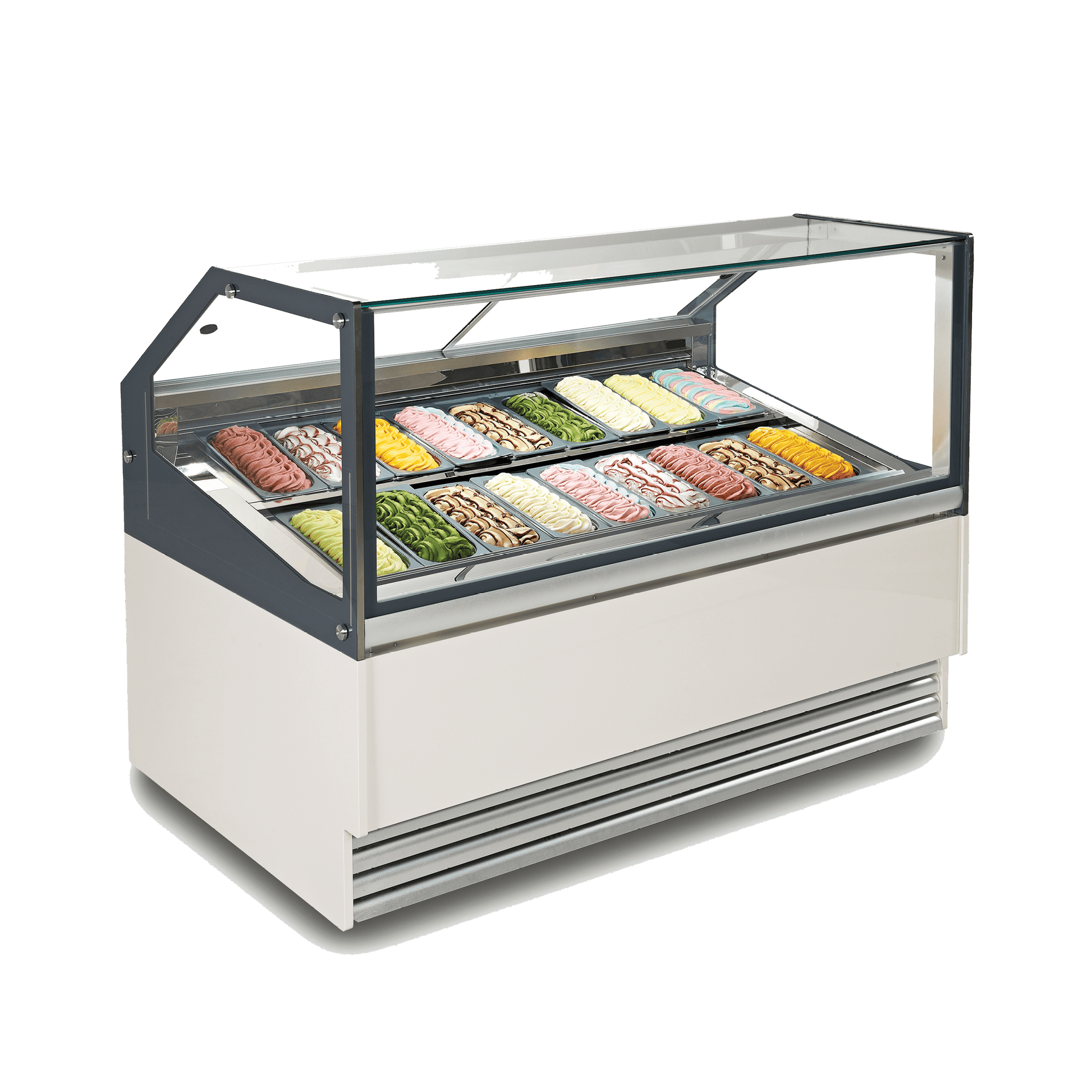 White and gray ice cream display freezer with 18 tubs, glass top, and angled front panel.