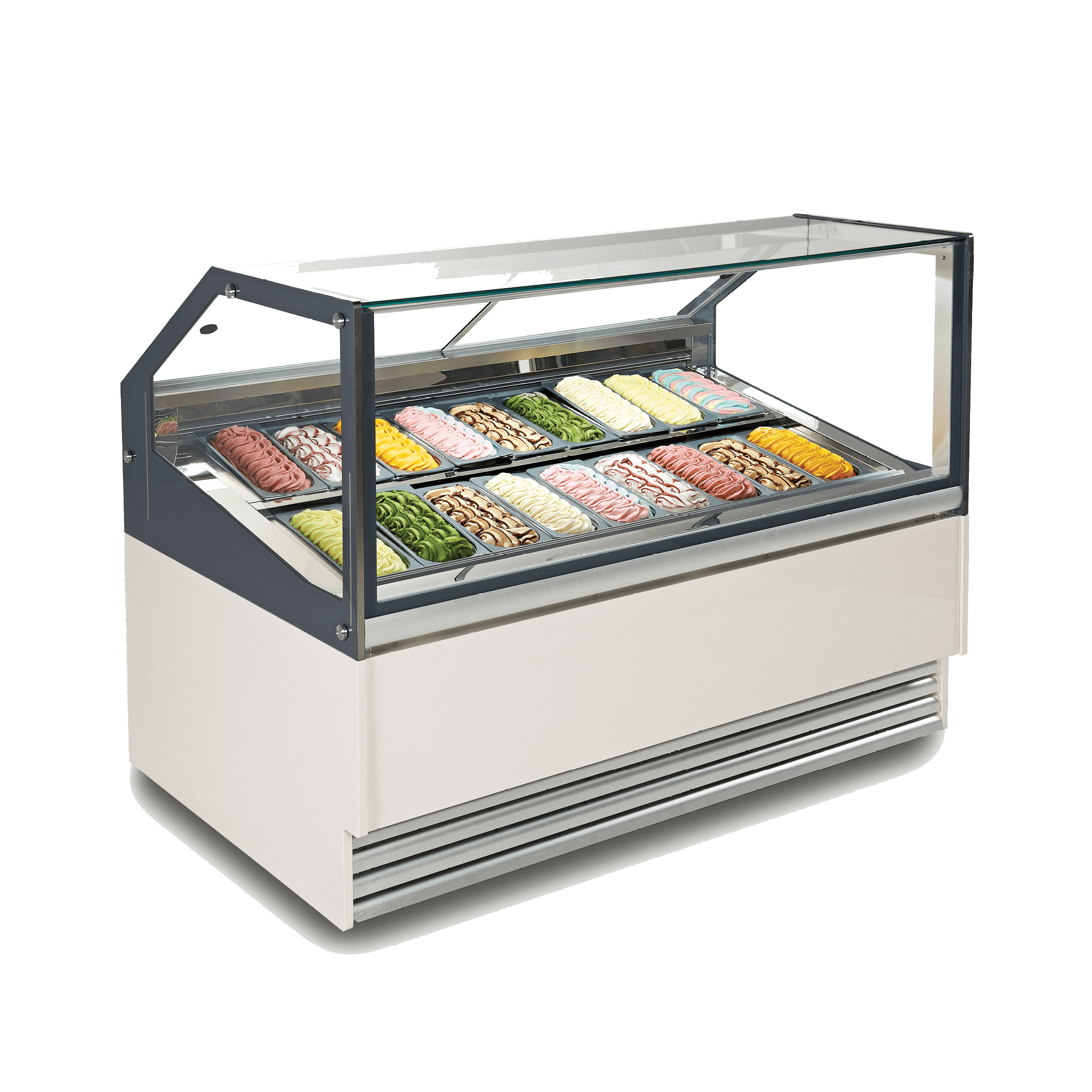 White and gray ice cream display freezer with 18 tubs, glass top, and angled front panel.