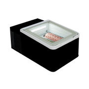 Black ice cream gelato scooping freezer with glass lid and single tub inside.