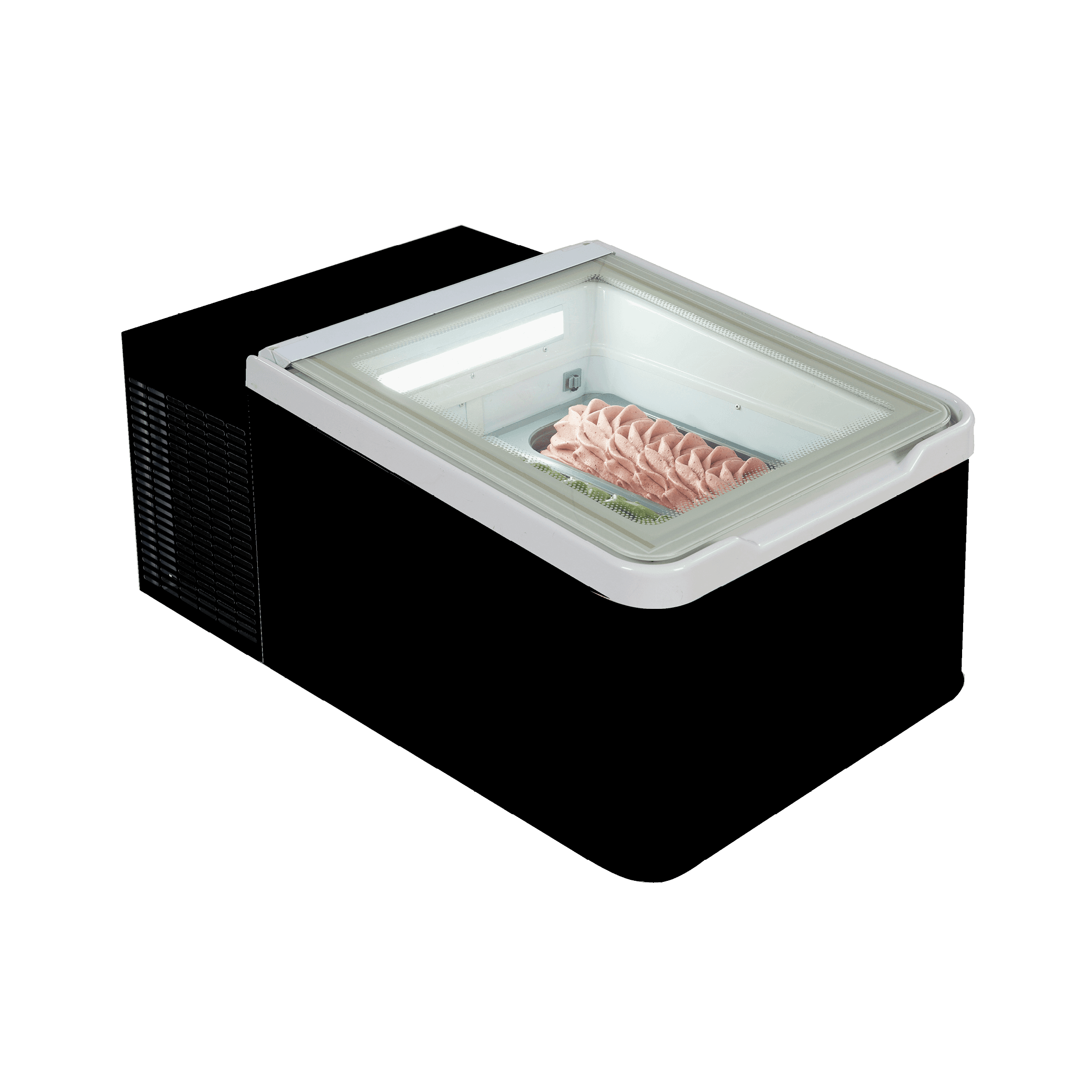 Black ice cream gelato scooping freezer with glass lid and single tub inside.