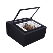 Black freestanding ice cream freezer with three tubs and a hinged glass lid open to reveal chocolate gelato.