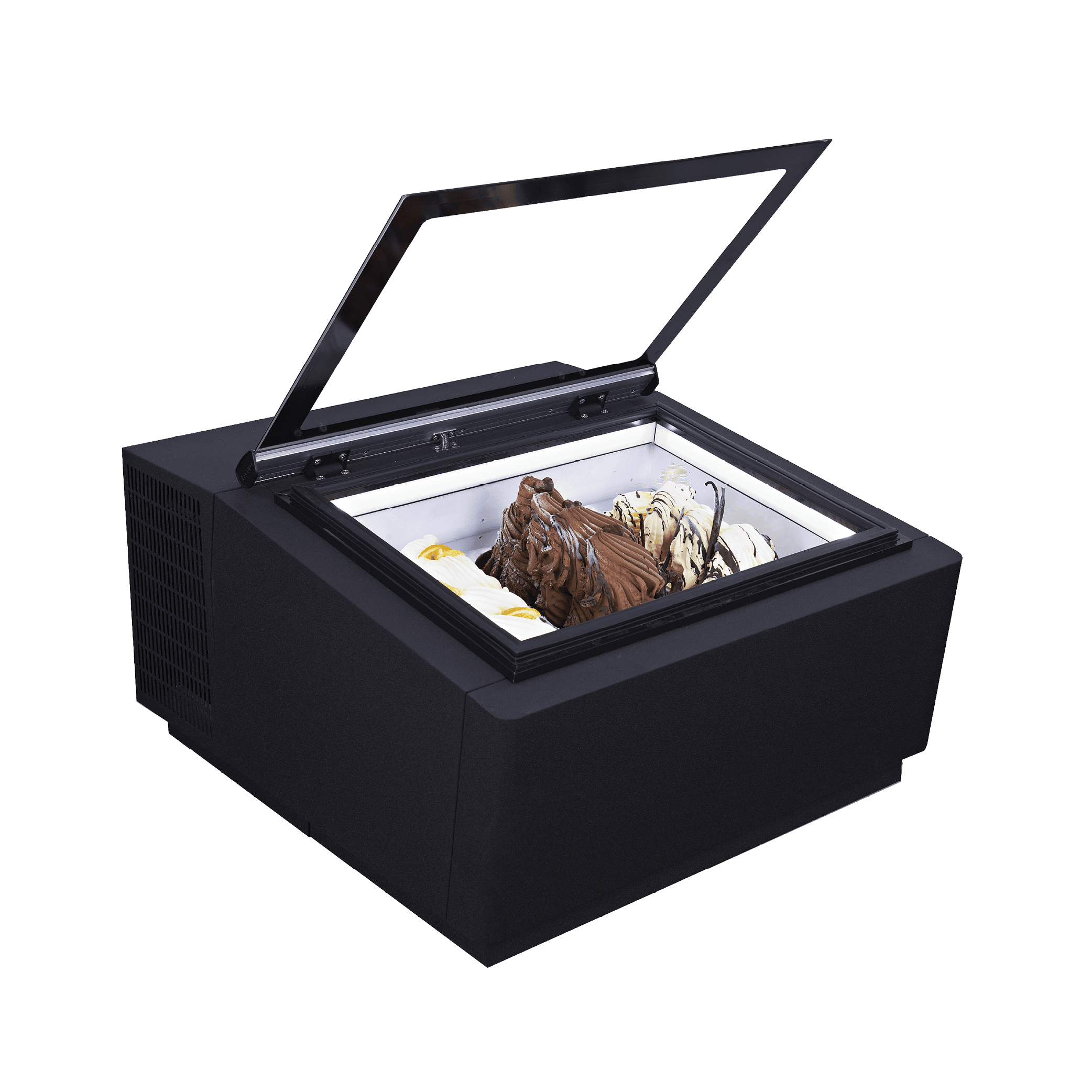 Black freestanding ice cream freezer with three tubs and a hinged glass lid open to reveal chocolate gelato.