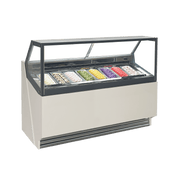 White panel ice cream scooping freezer with 8 glass-covered tubs and black metal frame.