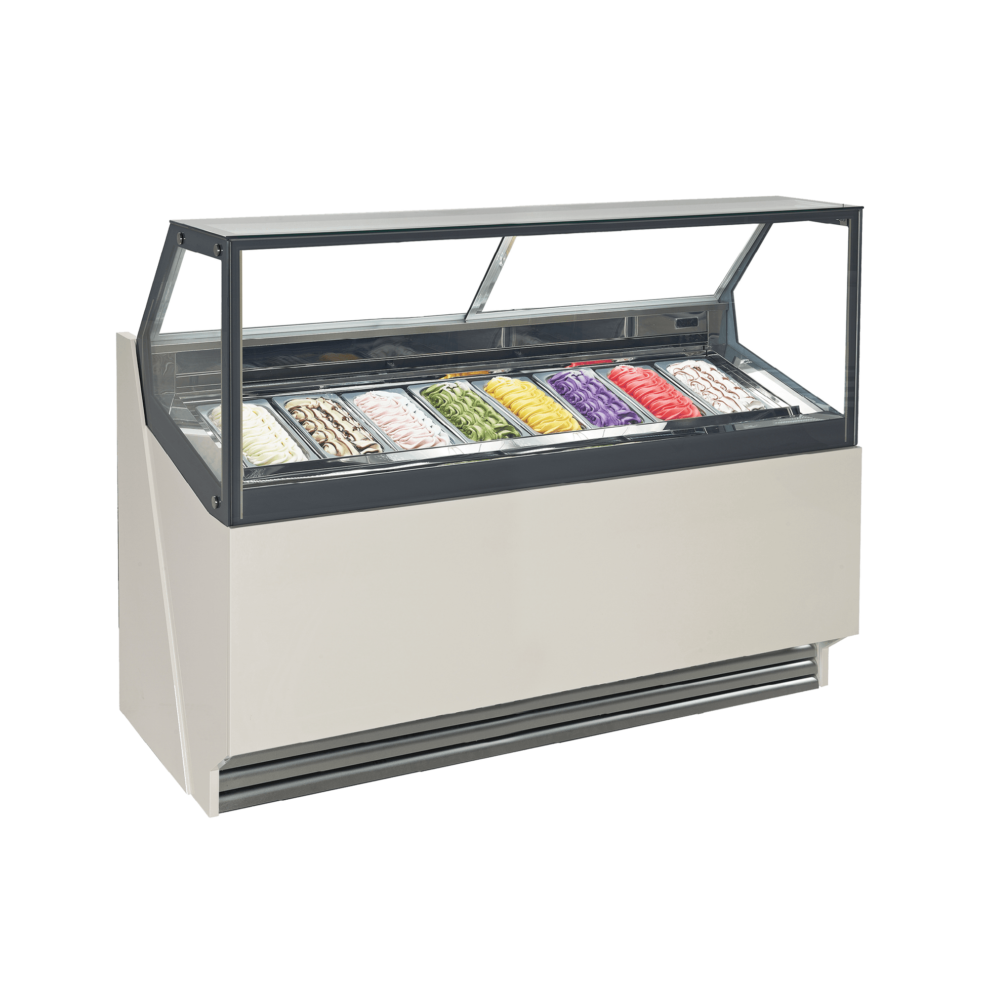 White panel ice cream scooping freezer with 8 glass-covered tubs and black metal frame.