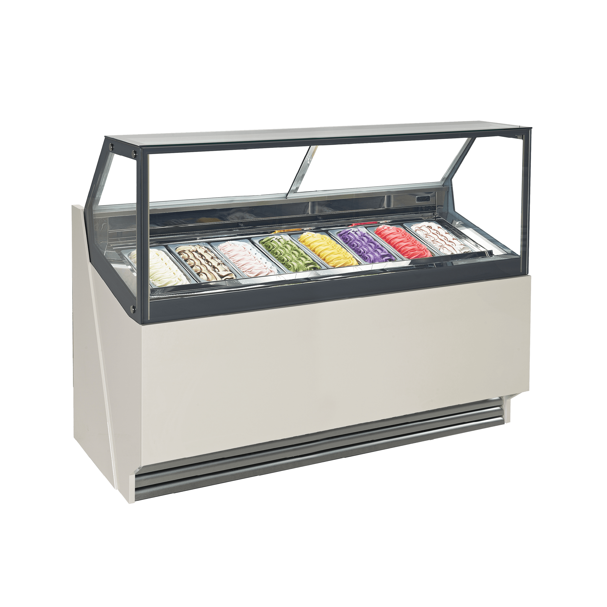 White panel ice cream scooping freezer with 8 glass-covered tubs and black metal frame.