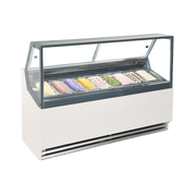 White panel ice cream display freezer with glass top, holding nine colorful gelato tubs.