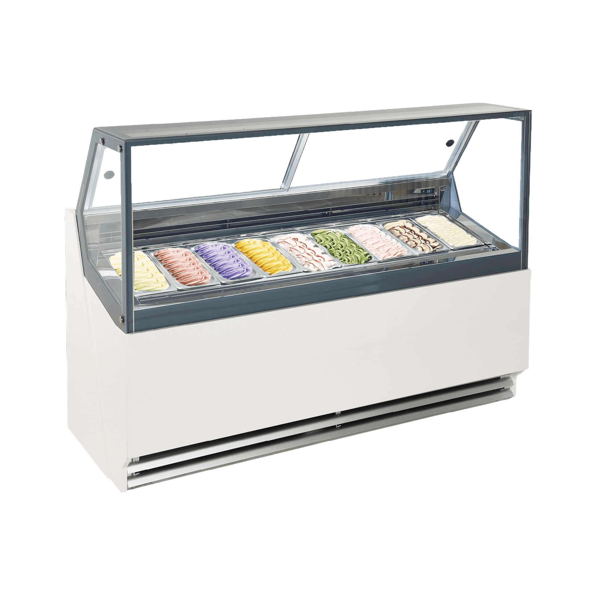 White panel ice cream display freezer with glass top, holding nine colorful gelato tubs.