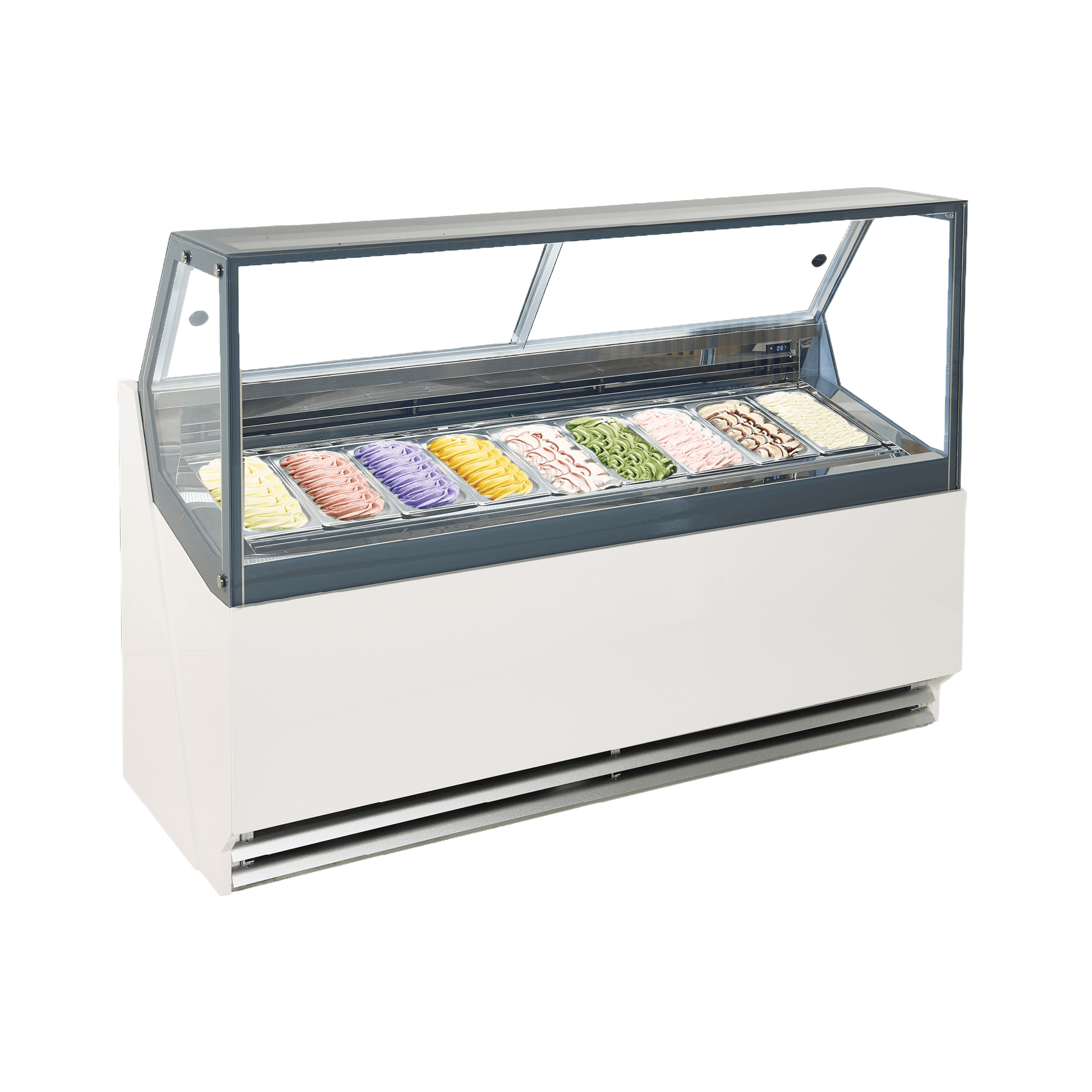 White panel ice cream display freezer with glass top, holding nine colorful gelato tubs.