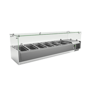 Stainless steel ICT1500 countertop food prep refrigerator with six GN-sized compartments and glass sneeze guard.