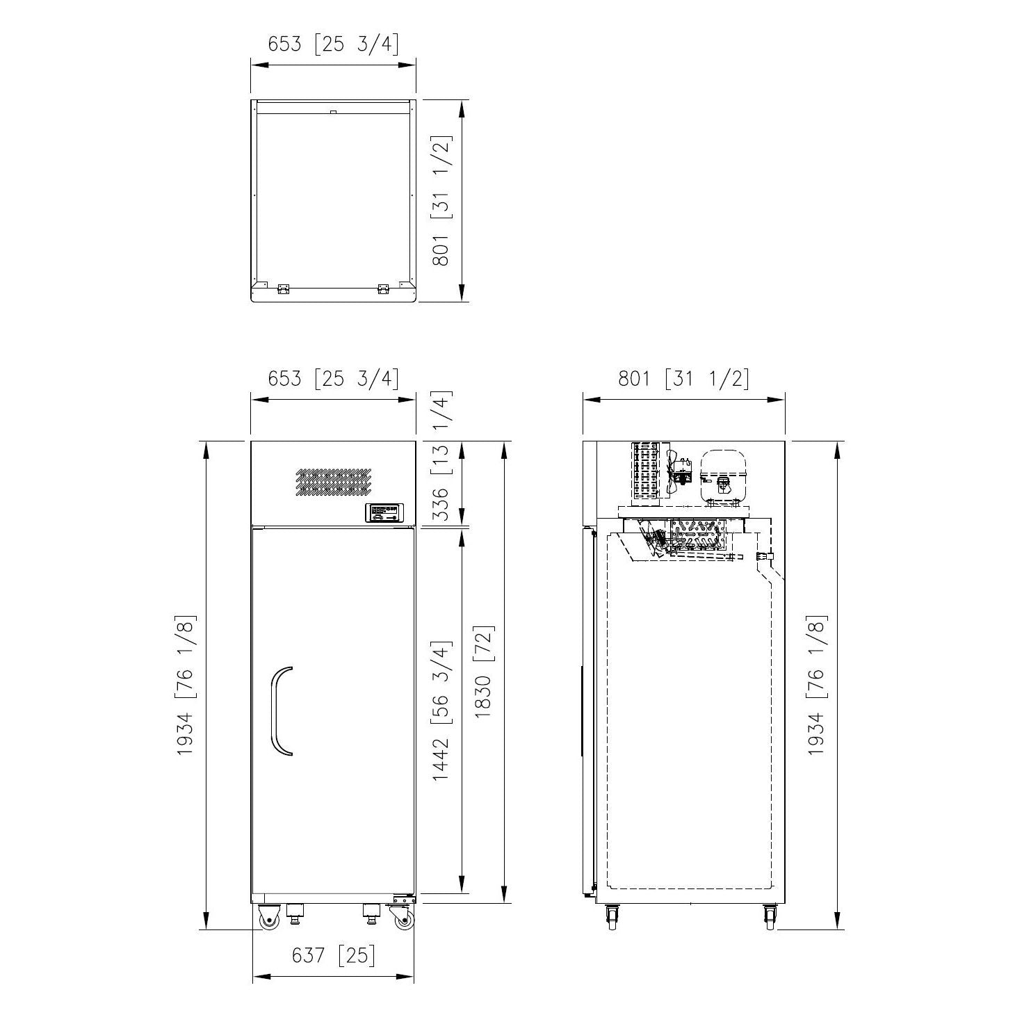 Technical drawing of a dual temp upright fridge freezer with top-mounted compressor and dimensions displayed.