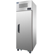 Tall stainless steel upright freezer with single solid door and top-mounted freezer compartment controls.