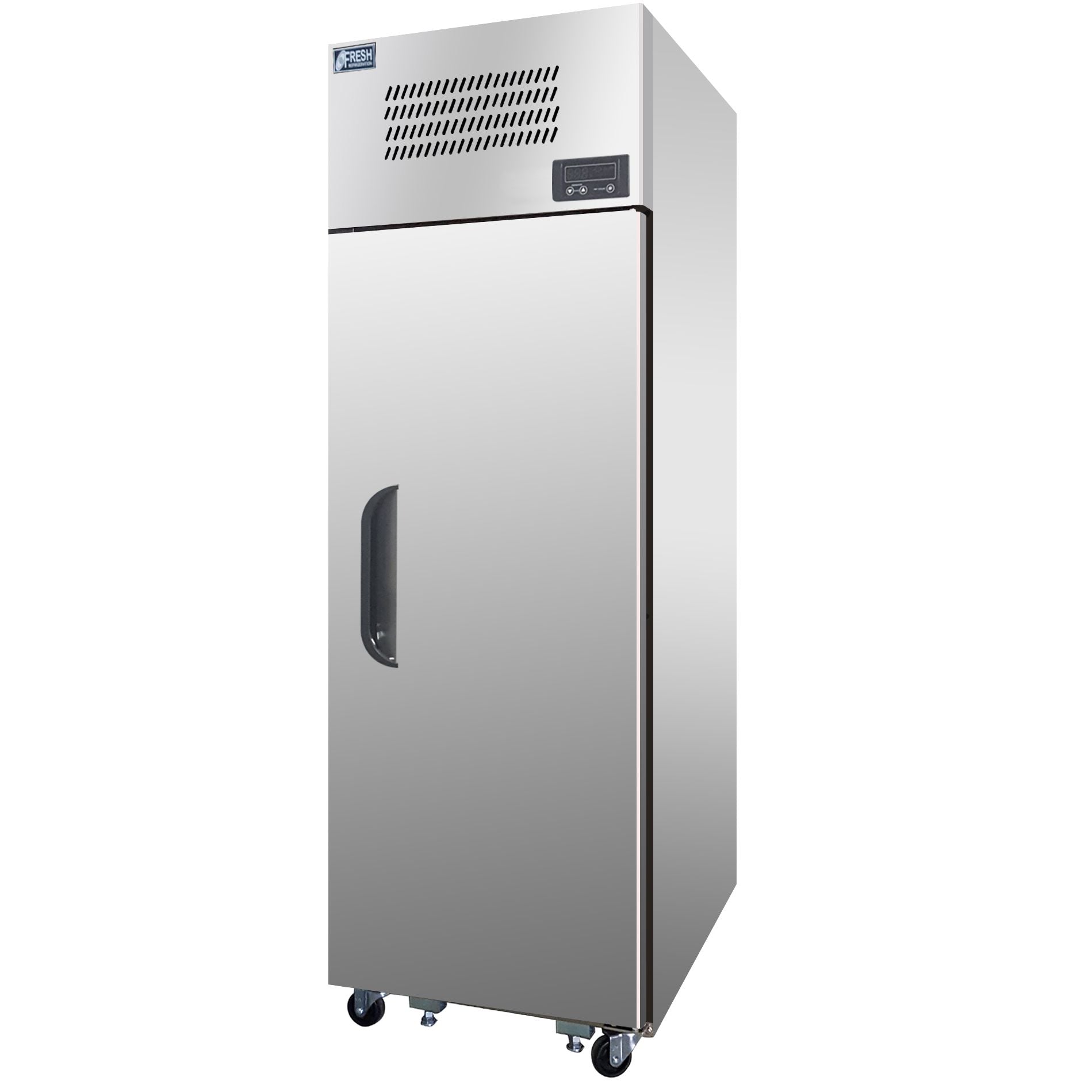 Tall stainless steel upright freezer with single solid door and top-mounted freezer compartment controls.