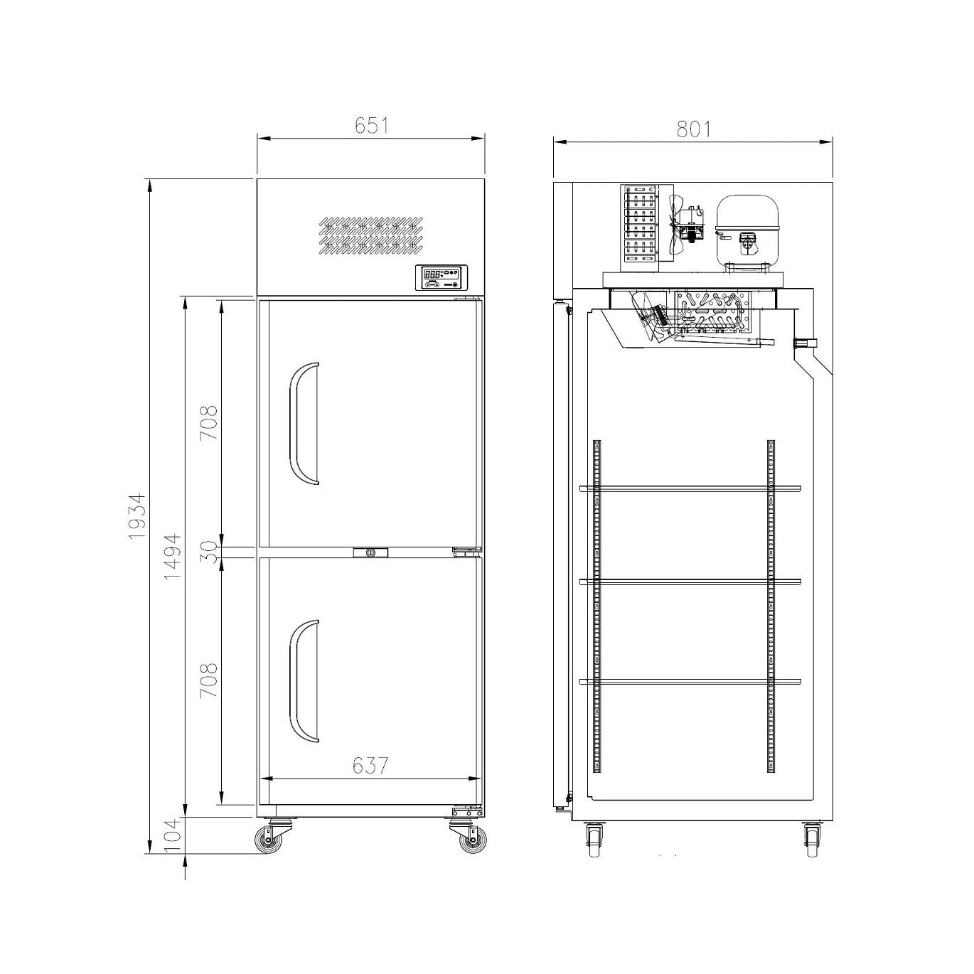 Upright freezer with two solid split doors, top-mounted compressor, and caster wheels.
