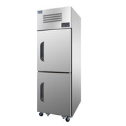 Stainless steel top mount upright freezer with two solid doors and caster wheels.