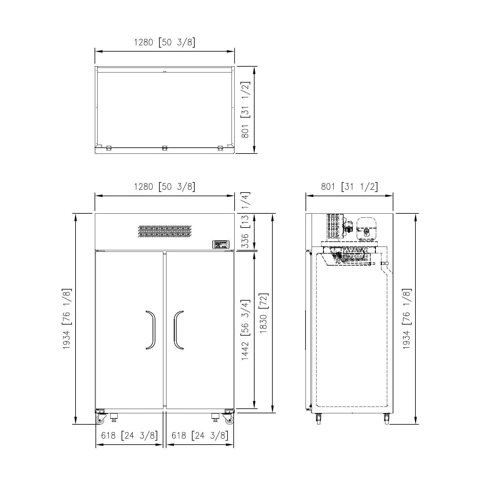 Stainless steel two-door upright fridge with top-mounted compressor and recessed handles, 1034L capacity.