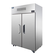 Stainless steel top mount upright freezer with two solid doors and recessed handles on caster wheels.
