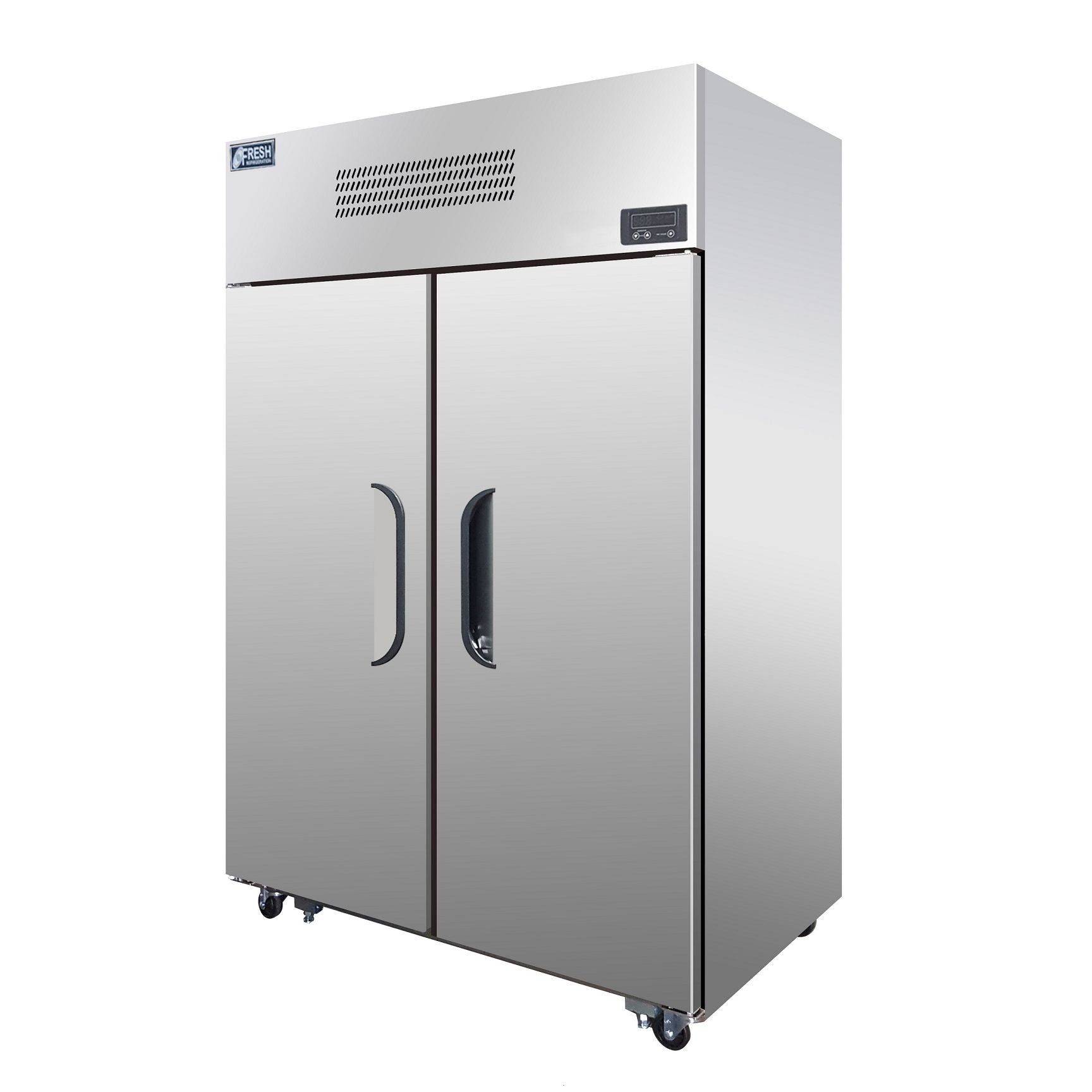 Stainless steel top mount upright freezer with two solid doors and recessed handles on caster wheels.