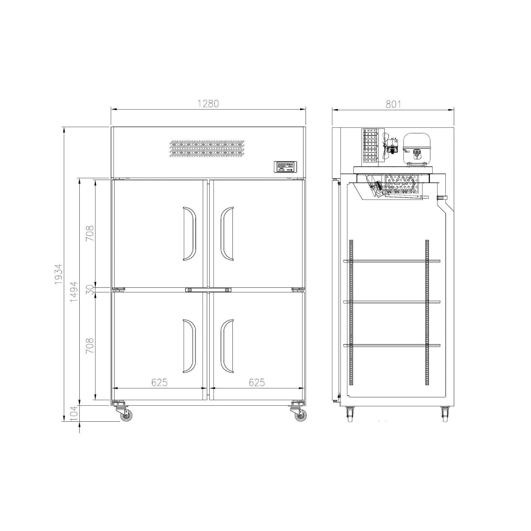 Four-door upright fridge with top-mounted compressor, stainless steel body, and caster wheels, technical drawing.