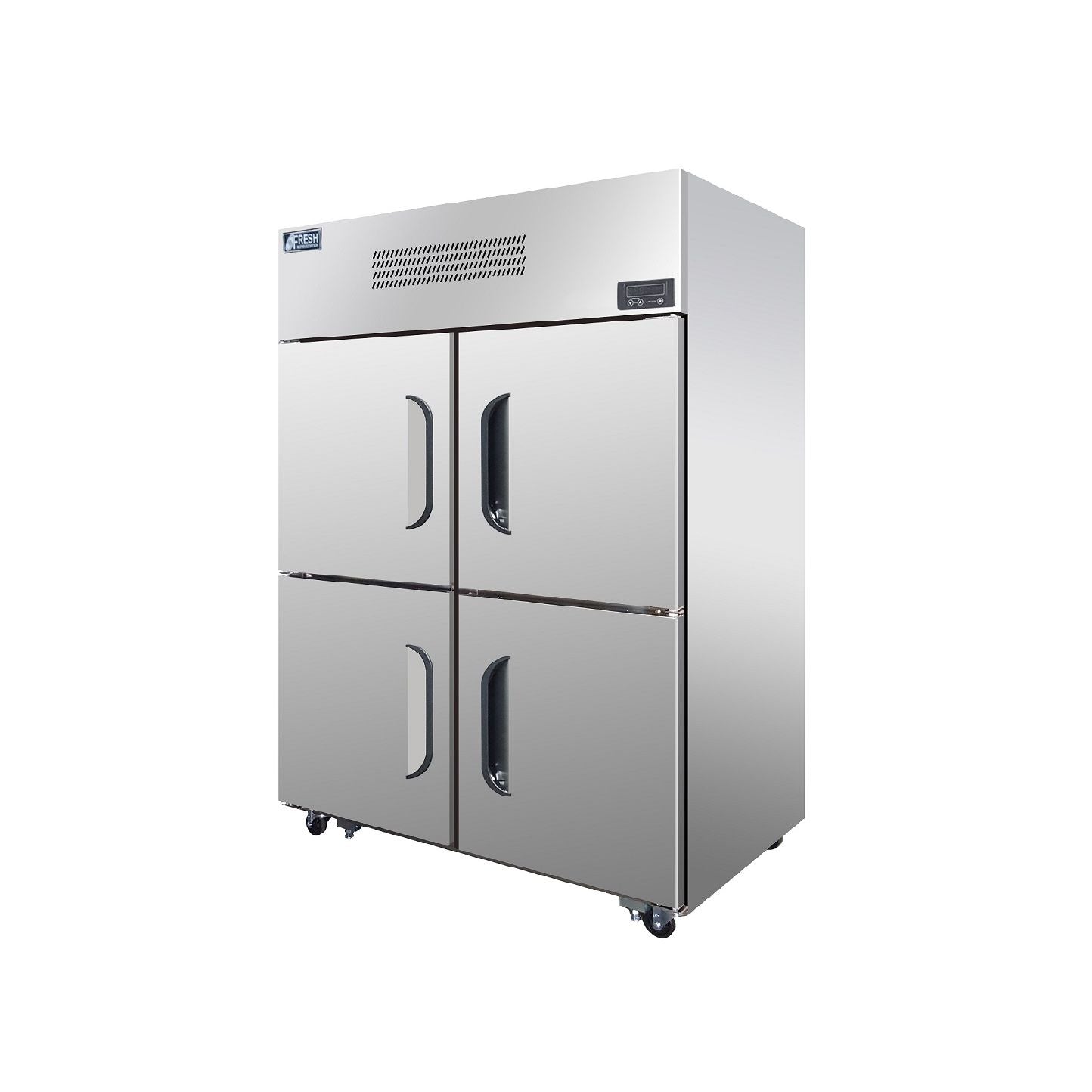 Stainless steel upright freezer with four solid split doors and top-mounted refrigeration unit on caster wheels.
