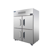 Stainless steel upright freezer with four solid split doors and top-mounted refrigeration unit on caster wheels.