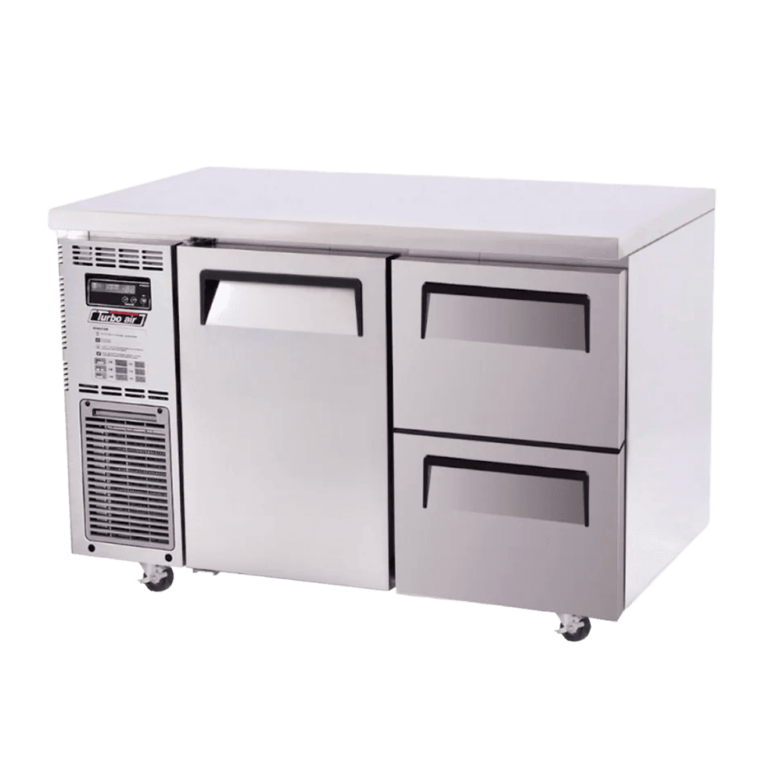 Stainless steel Turbo Air underbench freezer with one door and two drawers on caster wheels.