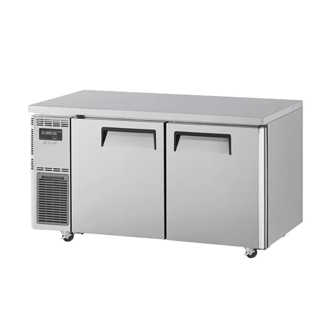 Stainless steel Turbo Air underbench freezer with two solid doors and caster wheels.