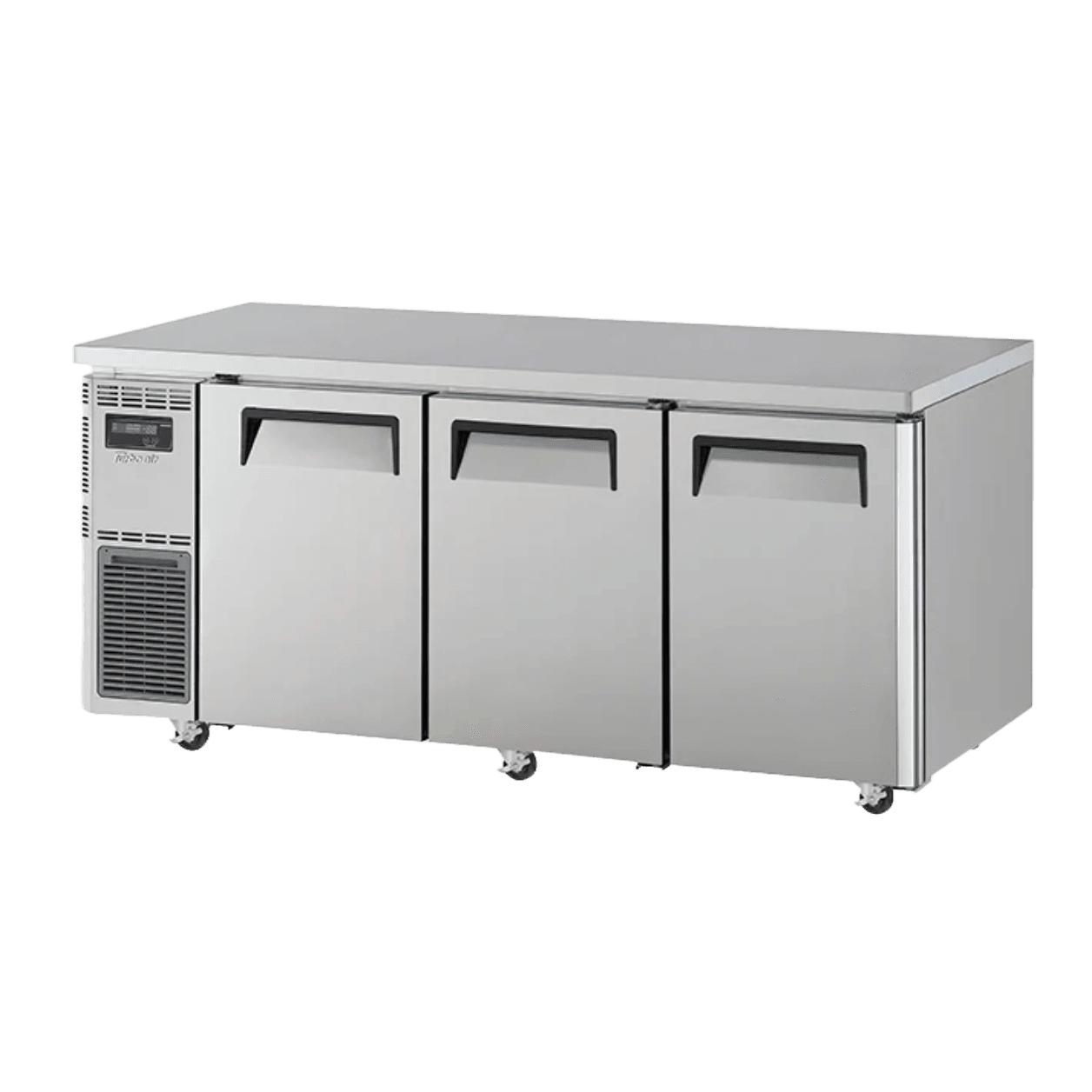 Stainless steel 3-door underbench freezer with recessed handles and ventilation panel on left side.