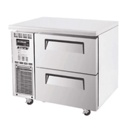 Stainless steel 2-drawer underbench freezer with digital control panel and caster wheels.