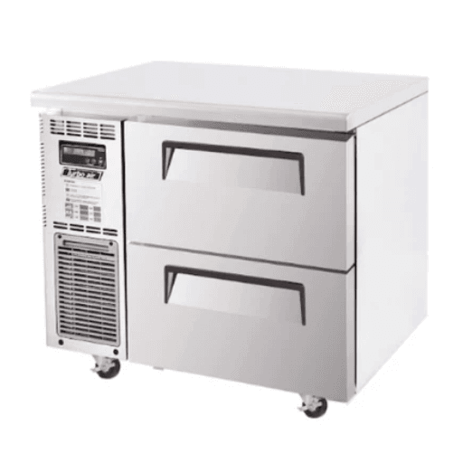 Stainless steel 2-drawer underbench freezer with digital control panel and caster wheels.