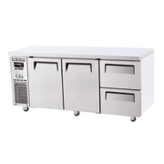 Stainless steel underbench fridge with two doors and two drawers on wheels, digital control panel on left side.