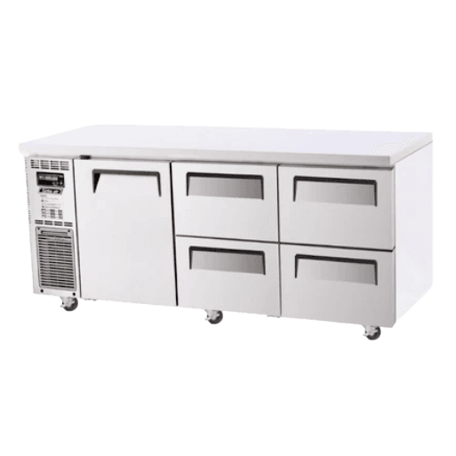 Stainless steel underbench fridge with one door and four pull-out drawers on casters.