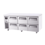 Stainless steel 6-drawer underbench fridge with digital control panel on left side.