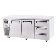 Stainless steel underbench fridge with two doors on the left and three drawers on the right, mounted on casters.