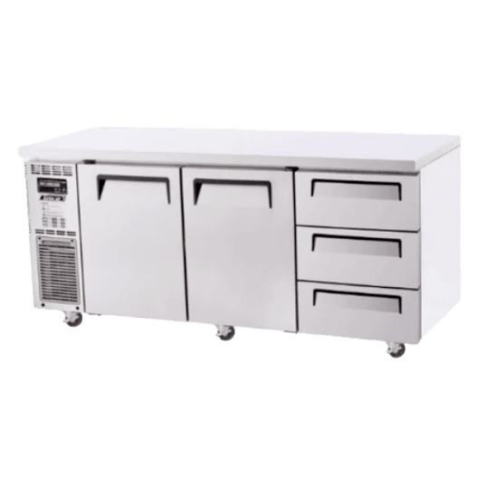 Stainless steel underbench fridge with two doors on the left and three drawers on the right, mounted on casters.