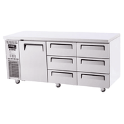 Stainless steel underbench fridge with one door and six drawers on caster wheels.