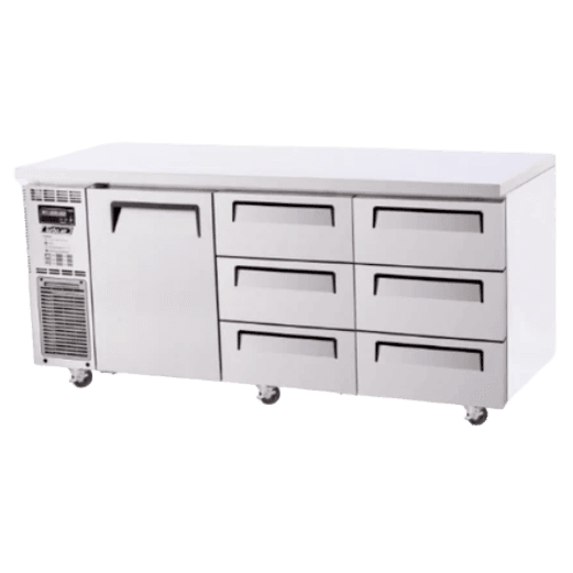 Stainless steel underbench fridge with one door and six drawers on caster wheels.